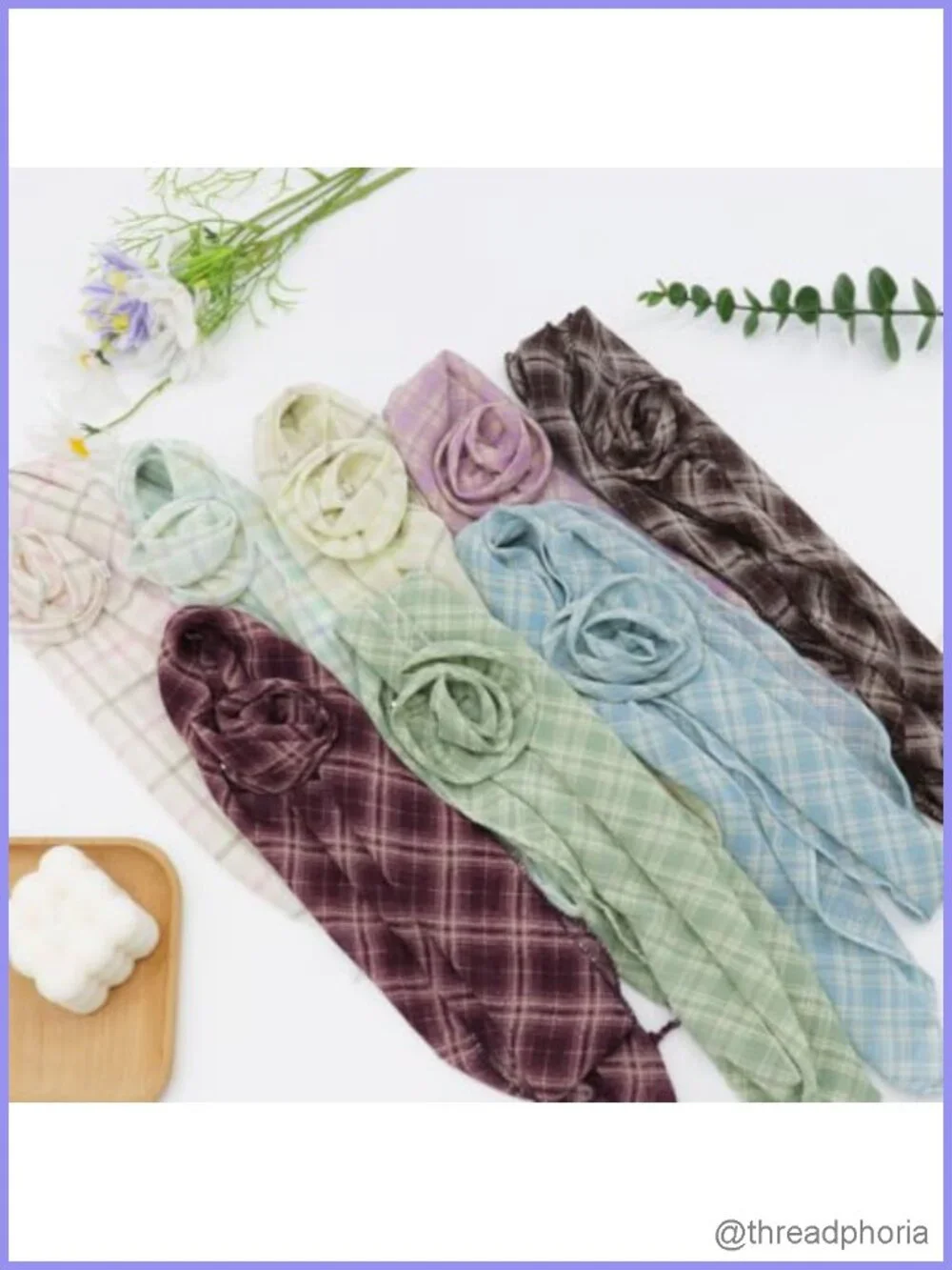 Women's Plaid Scarf with Detachable Flower - Polyester Fashion Scarf